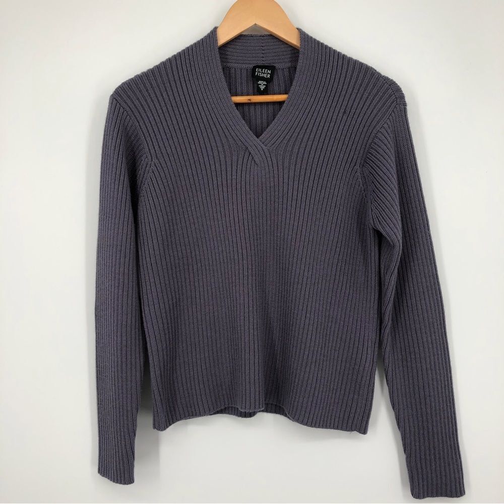 Eileen Fisher Merino Wool Sweater Womens S Purple‎ Ribbed Heavy Chunky V Neck